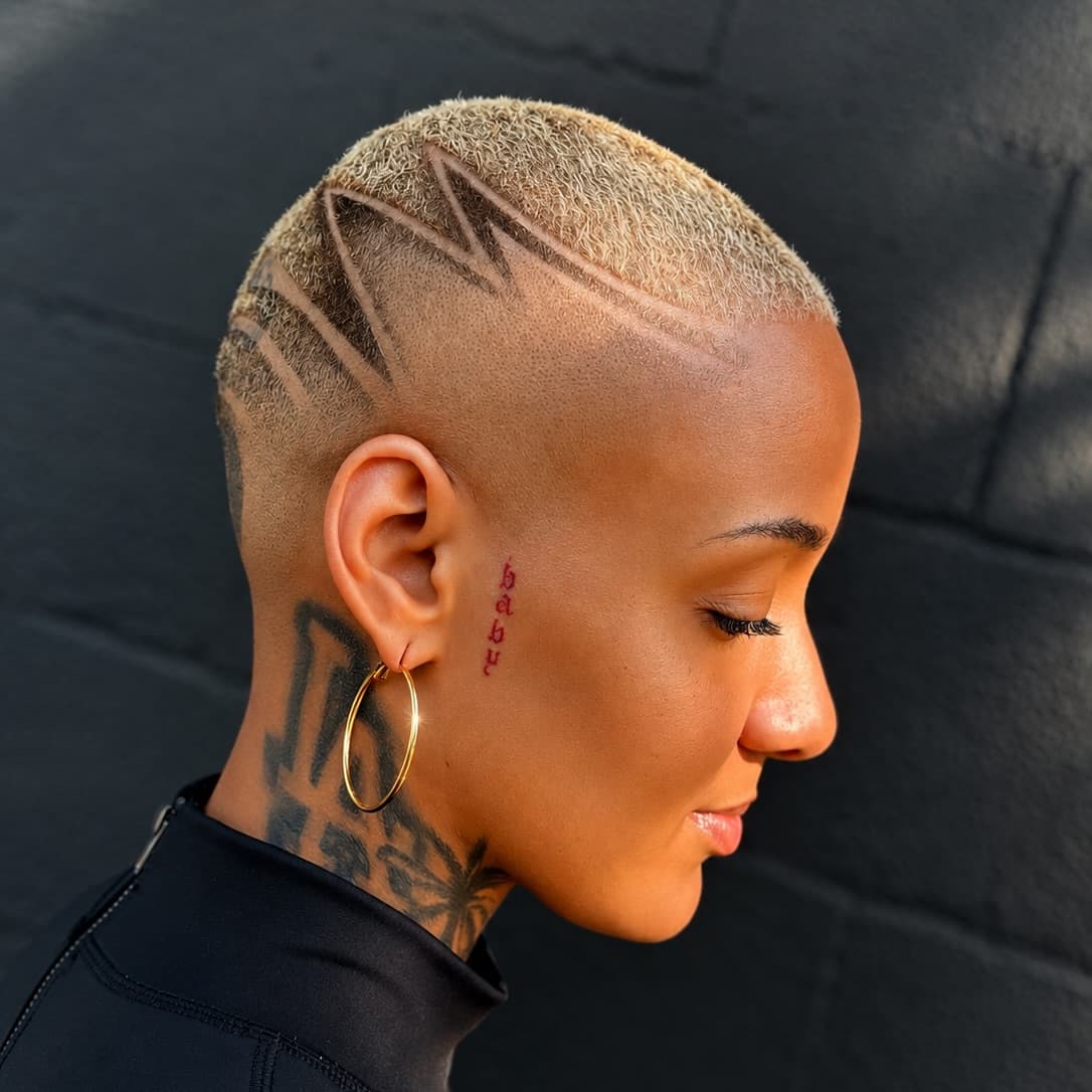 Custom etched hair design on blonde buzz cut